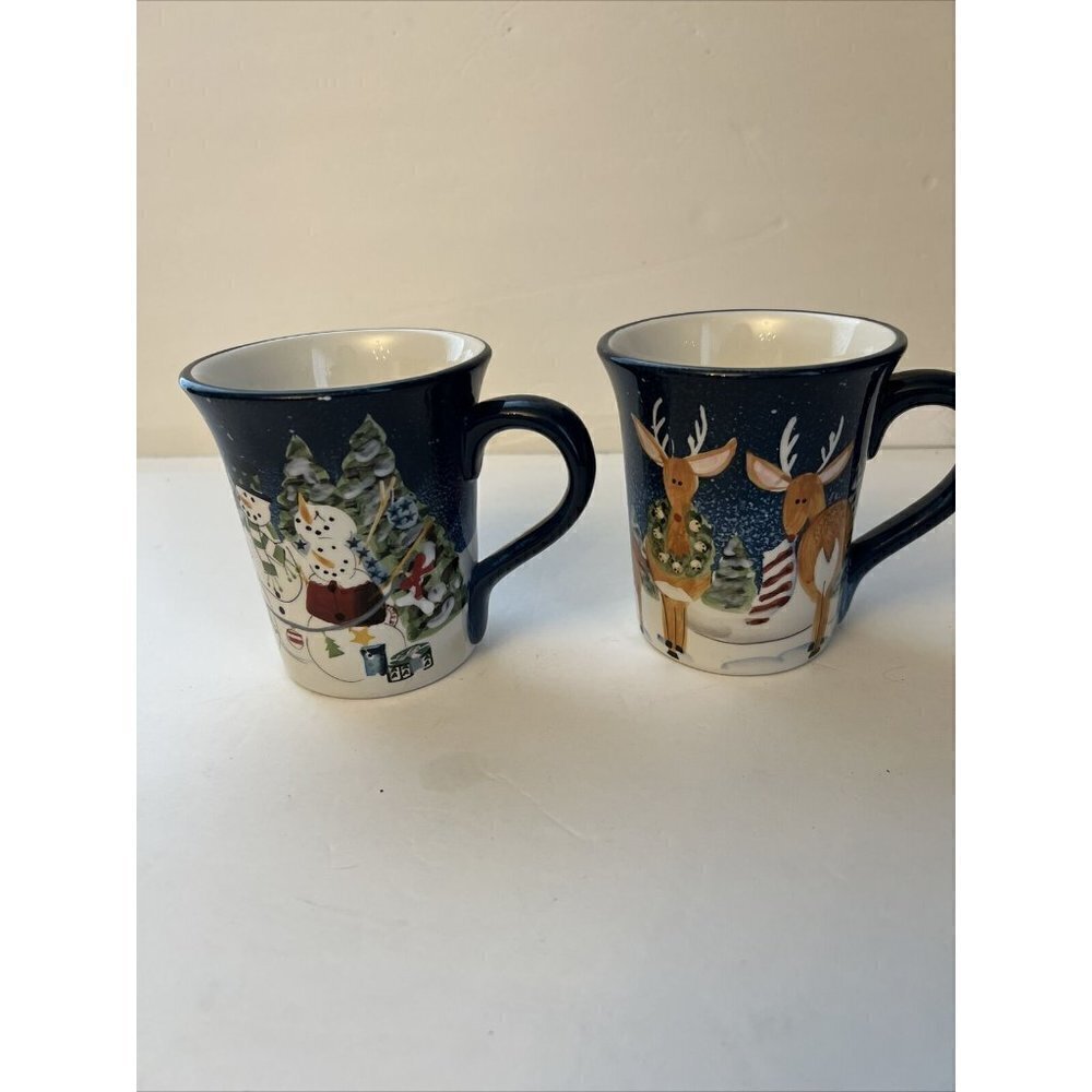 Pair Hand Painted Collectible ND Ceramic Christmas Coffee Mug  Reindeer Snowman